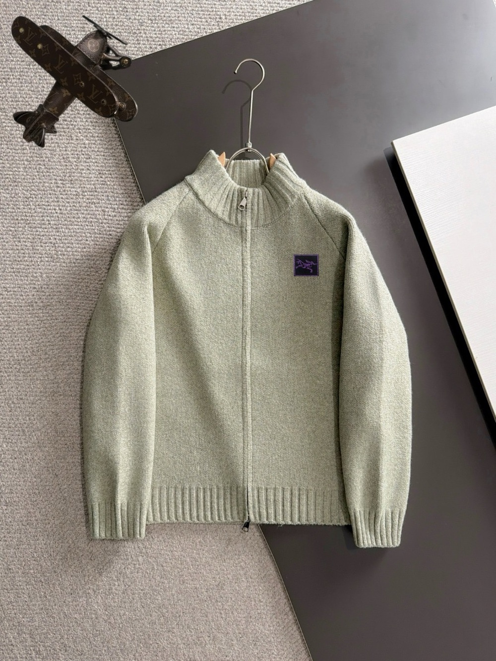 Full-Zip Knit Jacket in Sage Green with Subtle Logo